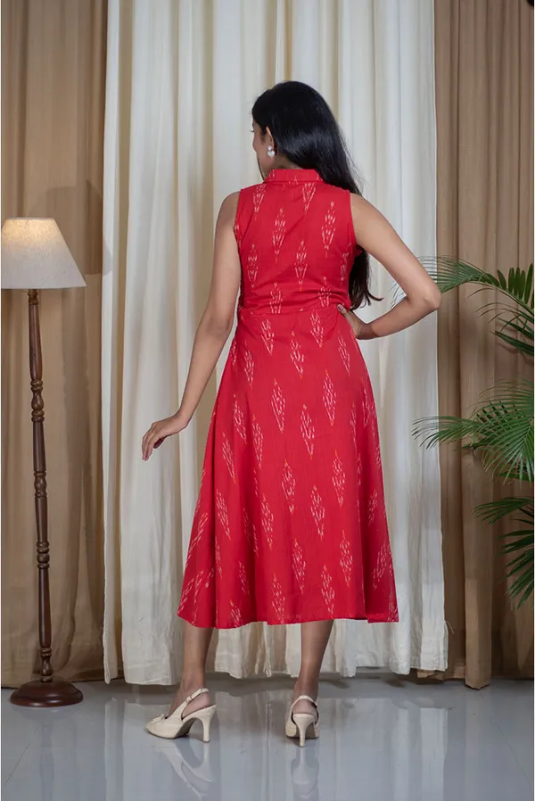 Red_Ikhat_Cotton_Shirt_Collar_Belted_Dress_For_Women