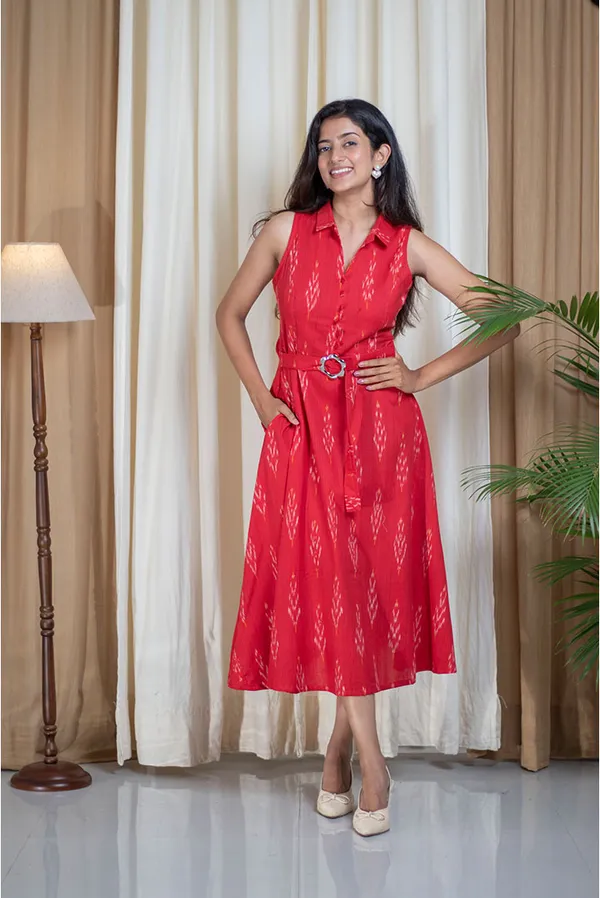 Red_Ikhat_Cotton_Shirt_Collar_Belted_Dress_For_Women