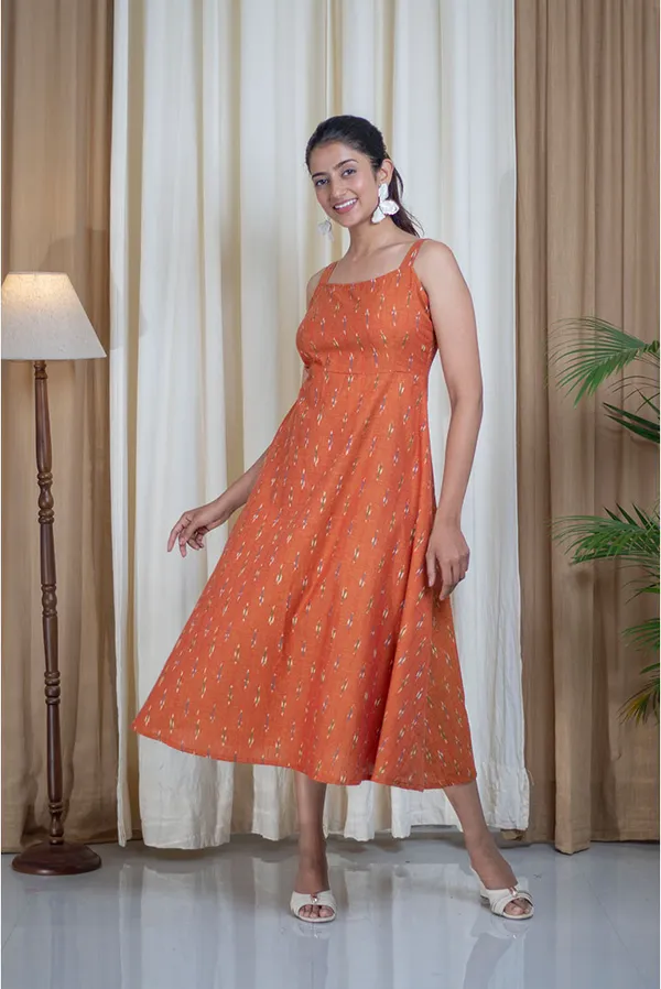 Orange_Ikhat_Cotton_Flare_Strap_Lacy_Back_Dress_For_Women