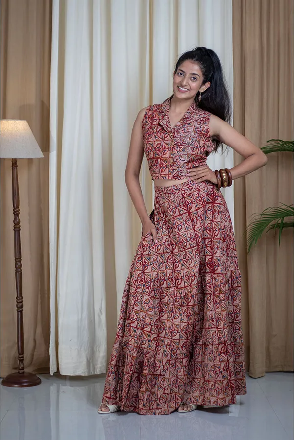 Multicolour_Pure_Cotton_Kalamkari_Hand_Printed_Blazer_Collar_Co-Ord_Set_For_Women
