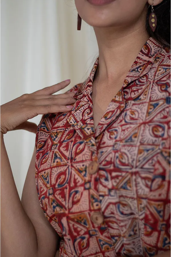 Multicolour_Pure_Cotton_Kalamkari_Hand_Printed_Blazer_Collar_Co-Ord_Set_For_Women