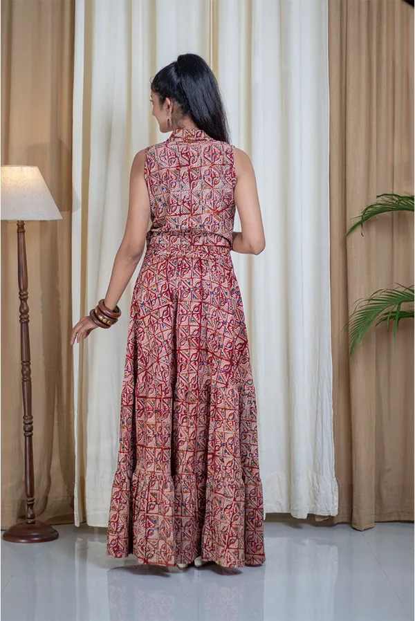 Multicolour_Pure_Cotton_Kalamkari_Hand_Printed_Blazer_Collar_Co-Ord_Set_For_Women