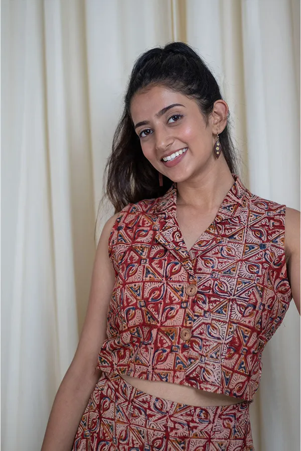 Multicolour_Pure_Cotton_Kalamkari_Hand_Printed_Blazer_Collar_Co-Ord_Set_For_Women