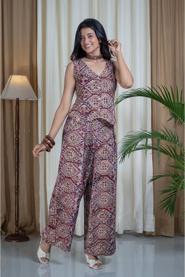 Multicolour_Pure_Cotton_Kalamkari_Block_Printed_Vest_Style_Palazzo_Co-Ord_Set_For_Women
