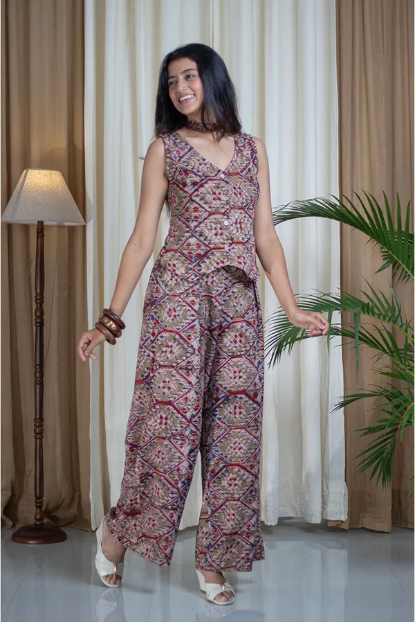 Multicolour_Pure_Cotton_Kalamkari_Block_Printed_Vest_Style_Palazzo_Co-Ord_Set_For_Women