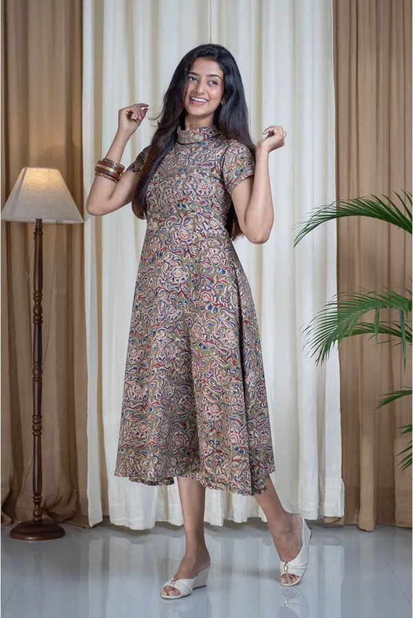 Multicolour_Pure_Cotton_Kalamkari_Hand_Printed_Polo_Neck_Flare_Dress_For_Women