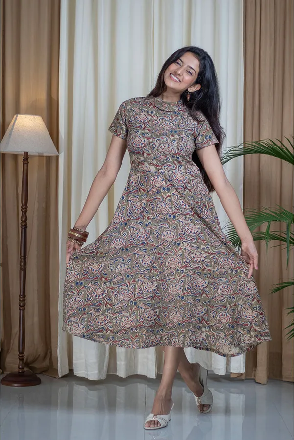 Multicolour_Pure_Cotton_Kalamkari_Hand_Printed_Polo_Neck_Flare_Dress_For_Women