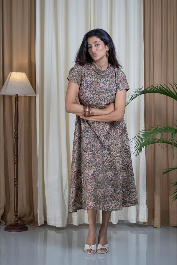 Multicolour_Pure_Cotton_Kalamkari_Hand_Printed_Polo_Neck_Flare_Dress_For_Women