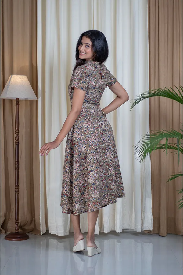 Multicolour_Pure_Cotton_Kalamkari_Hand_Printed_Polo_Neck_Flare_Dress_For_Women