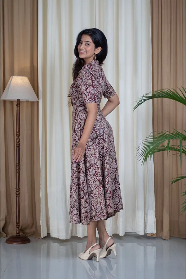Multicolour_Pure_Cotton_Kalamkari_Hand_Printed_V-Neck_Collar_Fit_Flare_Dress_For_Women