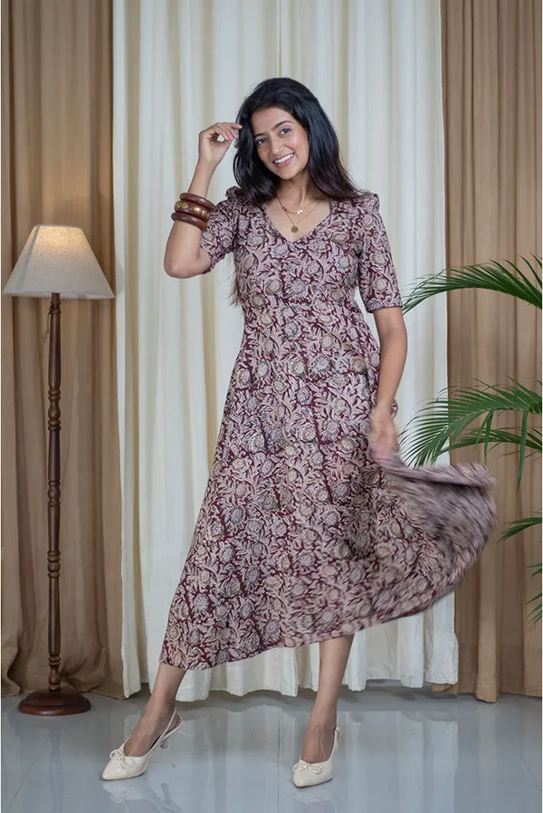 Multicolour_Pure_Cotton_Kalamkari_Hand_Printed_V-Neck_Collar_Fit_Flare_Dress_For_Women