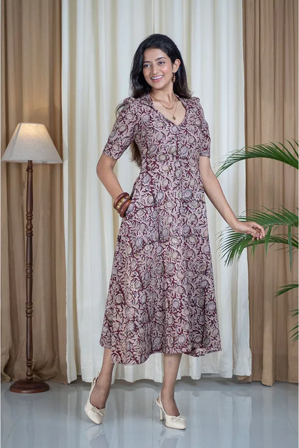 Multicolour_Pure_Cotton_Kalamkari_Hand_Printed_V-Neck_Collar_Fit_Flare_Dress_For_Women