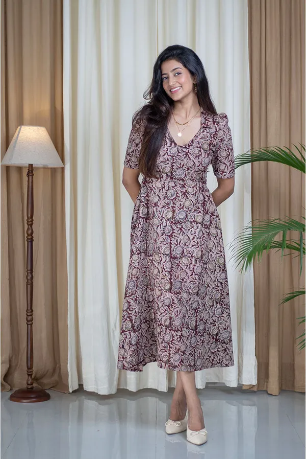Multicolour_Pure_Cotton_Kalamkari_Hand_Printed_V-Neck_Collar_Fit_Flare_Dress_For_Women