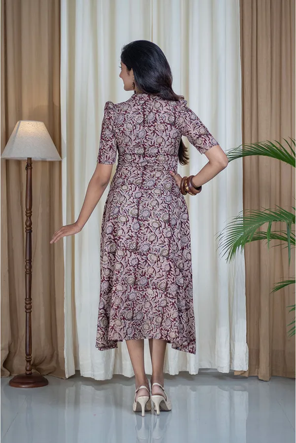 Multicolour_Pure_Cotton_Kalamkari_Hand_Printed_V-Neck_Collar_Fit_Flare_Dress_For_Women