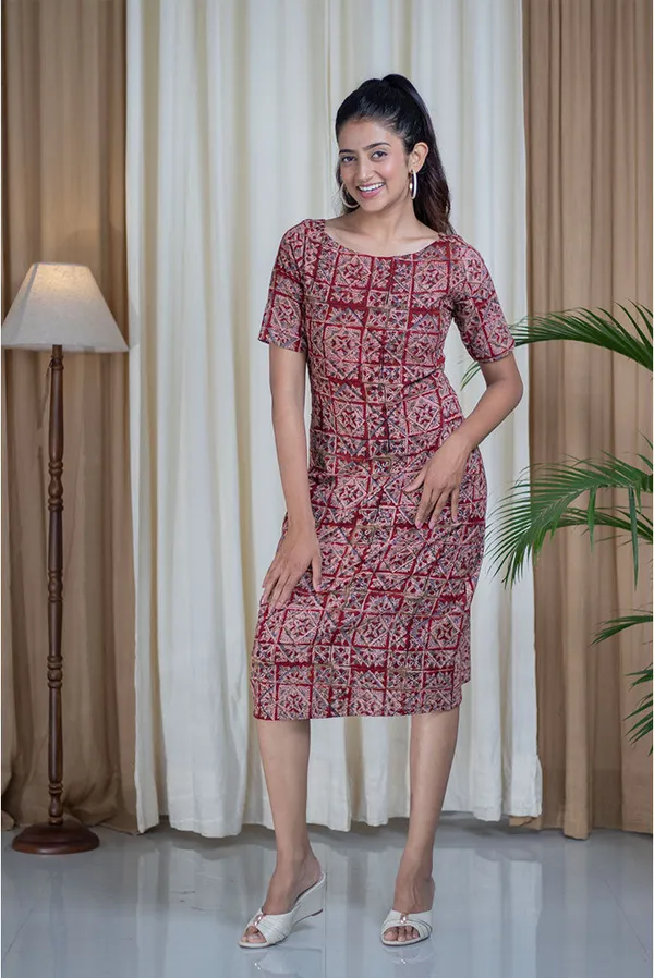 Multicolour_Pure_Cotton_Kalamkari_Hand_Block_Printed_Boat_Neck_Straight_Dress_For_Women