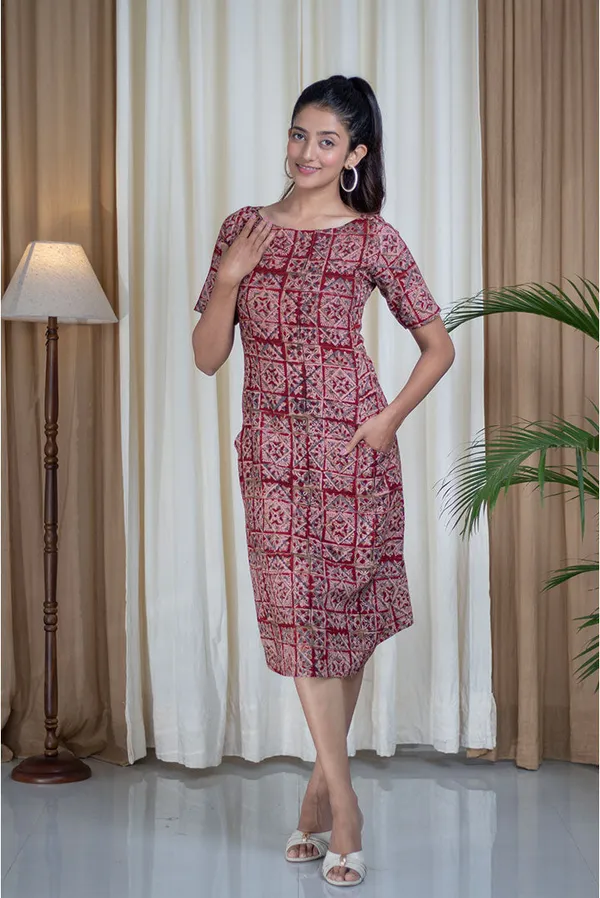 Multicolour_Pure_Cotton_Kalamkari_Hand_Block_Printed_Boat_Neck_Straight_Dress_For_Women
