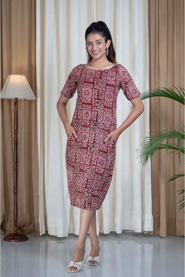 Multicolour_Pure_Cotton_Kalamkari_Hand_Block_Printed_Boat_Neck_Straight_Dress_For_Women