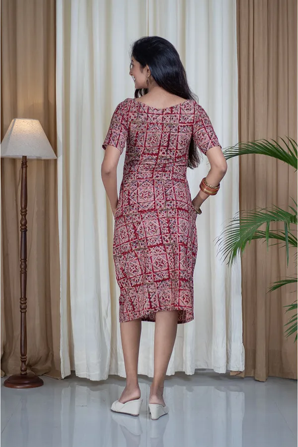 Multicolour_Pure_Cotton_Kalamkari_Hand_Block_Printed_Boat_Neck_Straight_Dress_For_Women