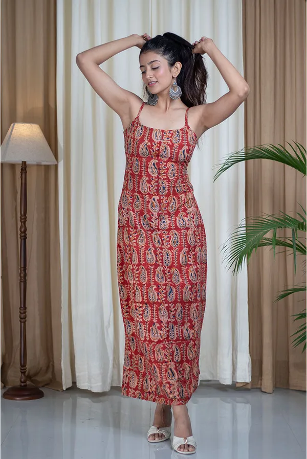 Multicolour_Pure_Cotton_Kalamkari_Hand_Printed_Spaghetti_Strap_Body_Cone_Dress_For_Women