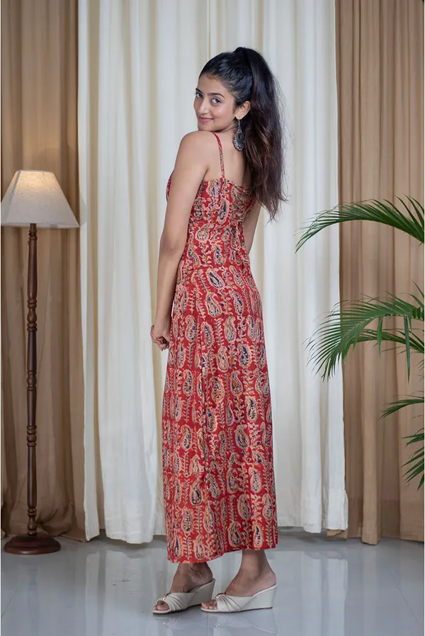 Multicolour_Pure_Cotton_Kalamkari_Hand_Printed_Spaghetti_Strap_Body_Cone_Dress_For_Women