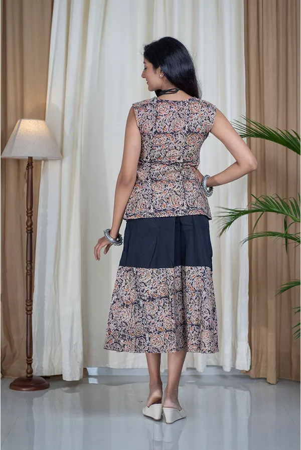 Multicolour_Pure_Cotton_Kalamkari_Hand_Printed_A-Line_Skirt_Top_Co-Ord_Set_For_Women
