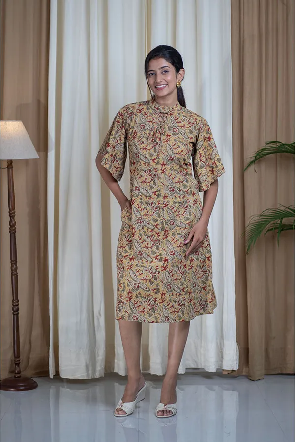 Multicolour_Kalamkari_Cotton_High_Neck_A-Line_Dress_For_Women