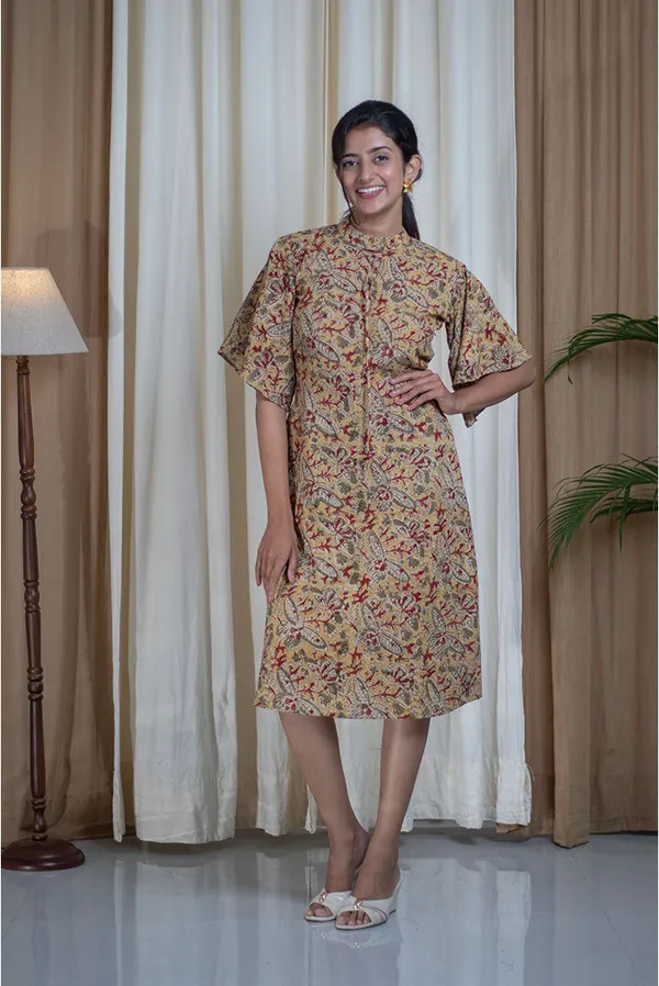 Multicolour_Kalamkari_Cotton_High_Neck_A-Line_Dress_For_Women