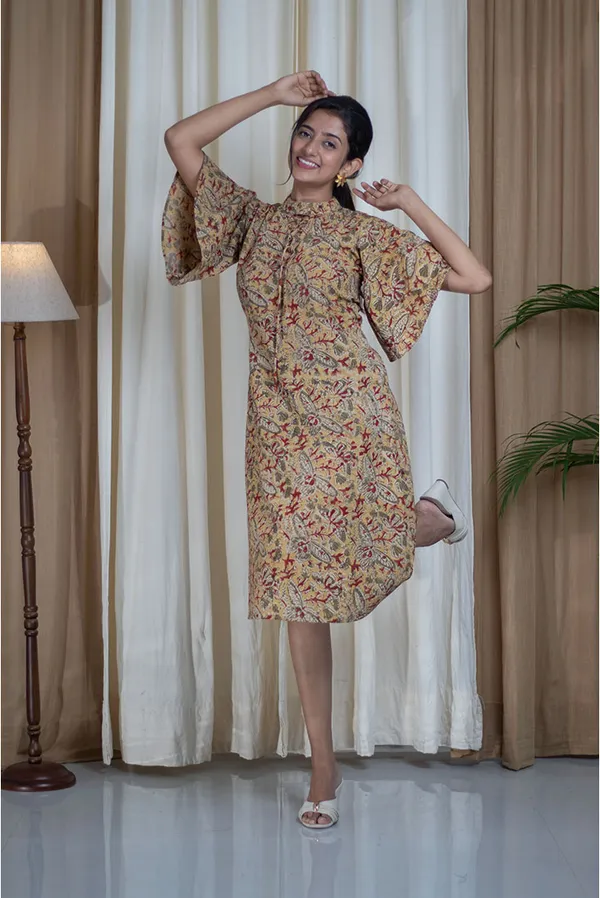 Multicolour_Kalamkari_Cotton_High_Neck_A-Line_Dress_For_Women