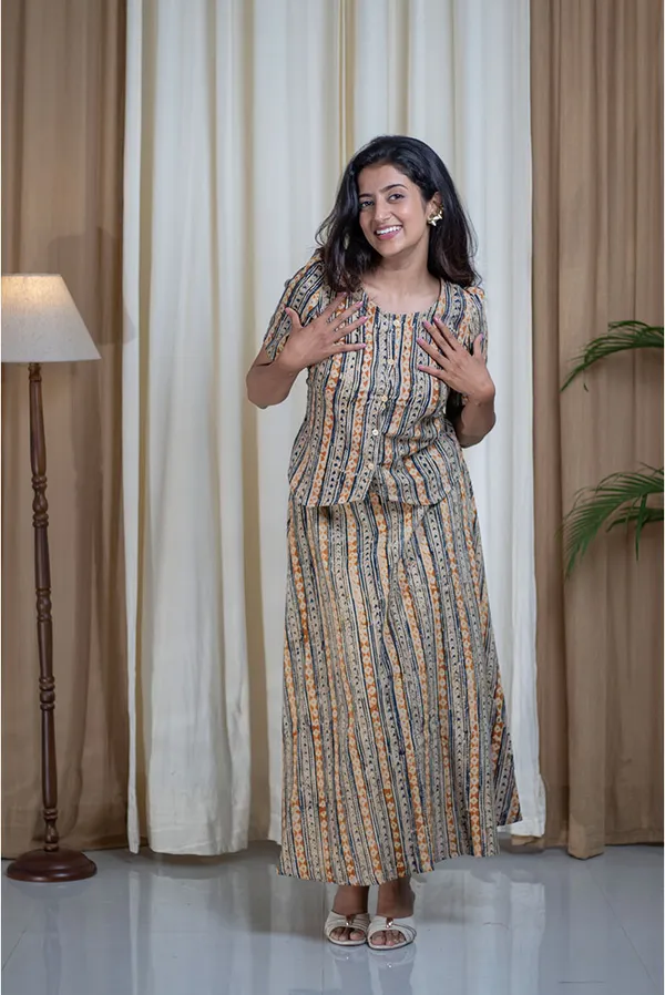 Multicolour_Pure_Cotton_Kalamkari_Hand_Printed_Round_Neck_Skirt_Top_Co-Ord_Set_For_Women