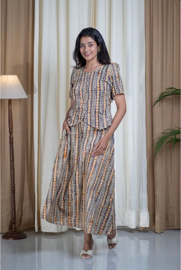 Multicolour_Pure_Cotton_Kalamkari_Hand_Printed_Round_Neck_Skirt_Top_Co-Ord_Set_For_Women