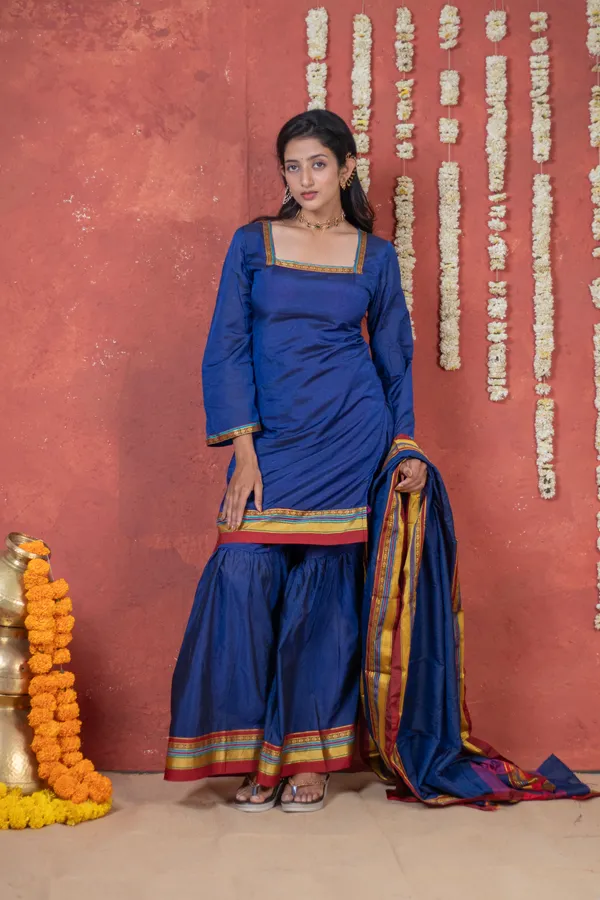 Blue_Irkal_Cotton_Sharara_Style_Kurta_Pant_Dupatta_Set_For_Women