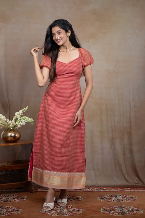Peach_Irkal_Cotton_Puff_Sleeve_Queen_Neck_Dress_For_Women