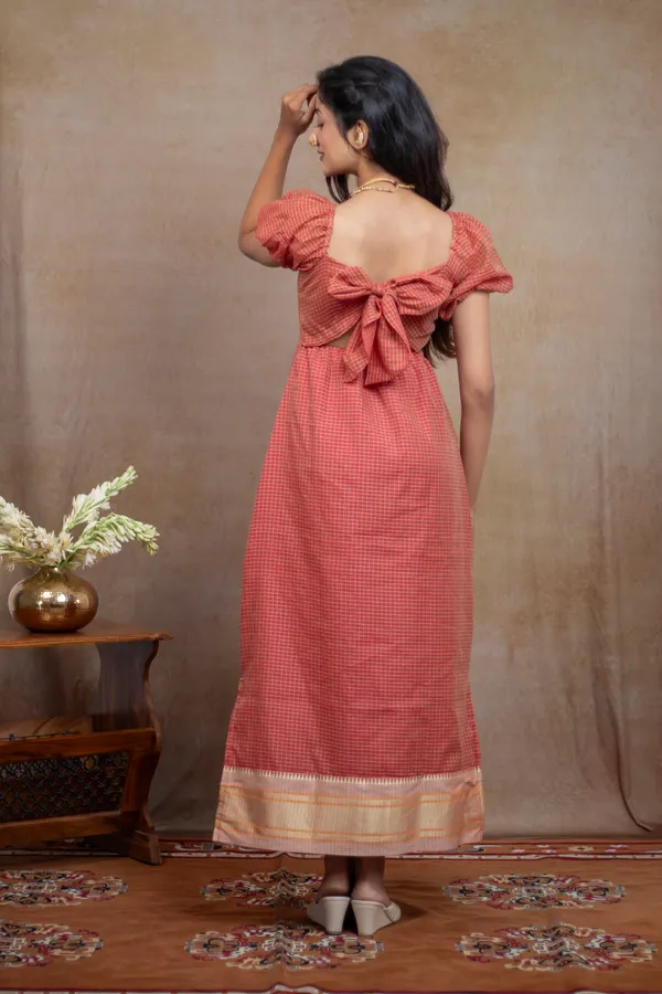 Peach_Irkal_Cotton_Puff_Sleeve_Queen_Neck_Dress_For_Women