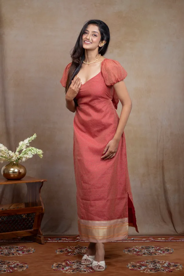 Peach_Irkal_Cotton_Puff_Sleeve_Queen_Neck_Dress_For_Women