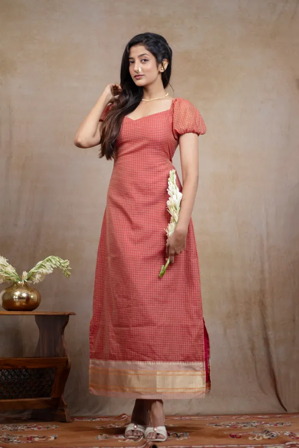 Peach_Irkal_Cotton_Puff_Sleeve_Queen_Neck_Dress_For_Women