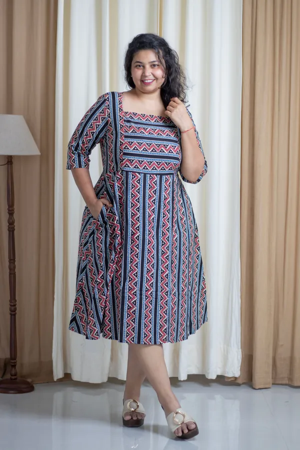 Multicolour_Cotton_Plus_Size_Ajrak_Print_Dress_For_Women
