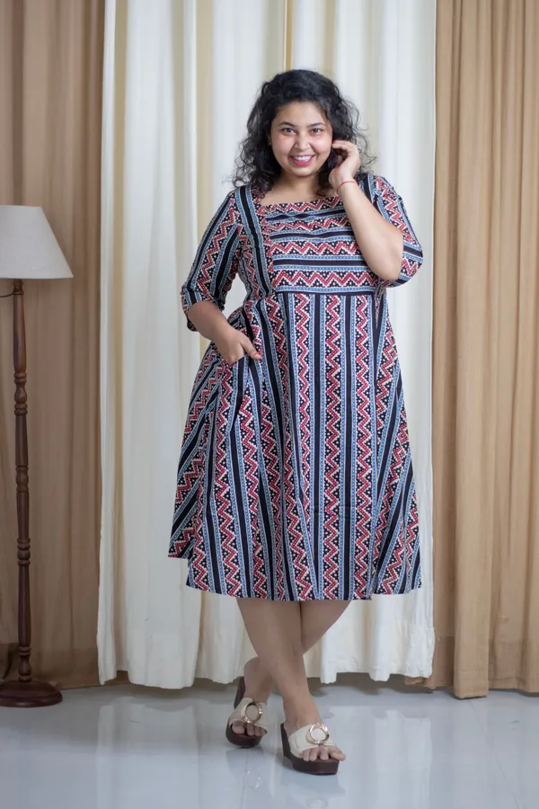 Multicolour_Cotton_Plus_Size_Ajrak_Print_Dress_For_Women