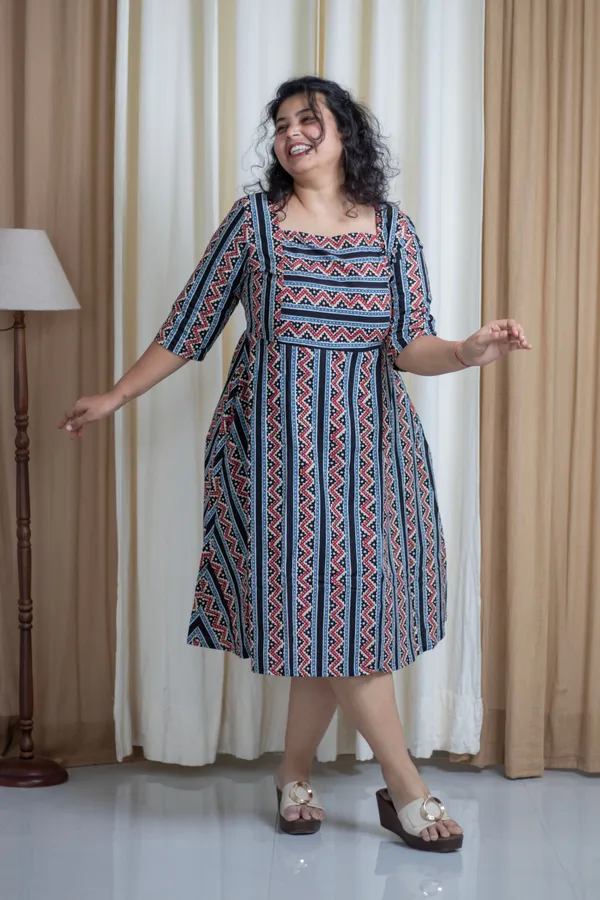 Multicolour_Cotton_Plus_Size_Ajrak_Print_Dress_For_Women