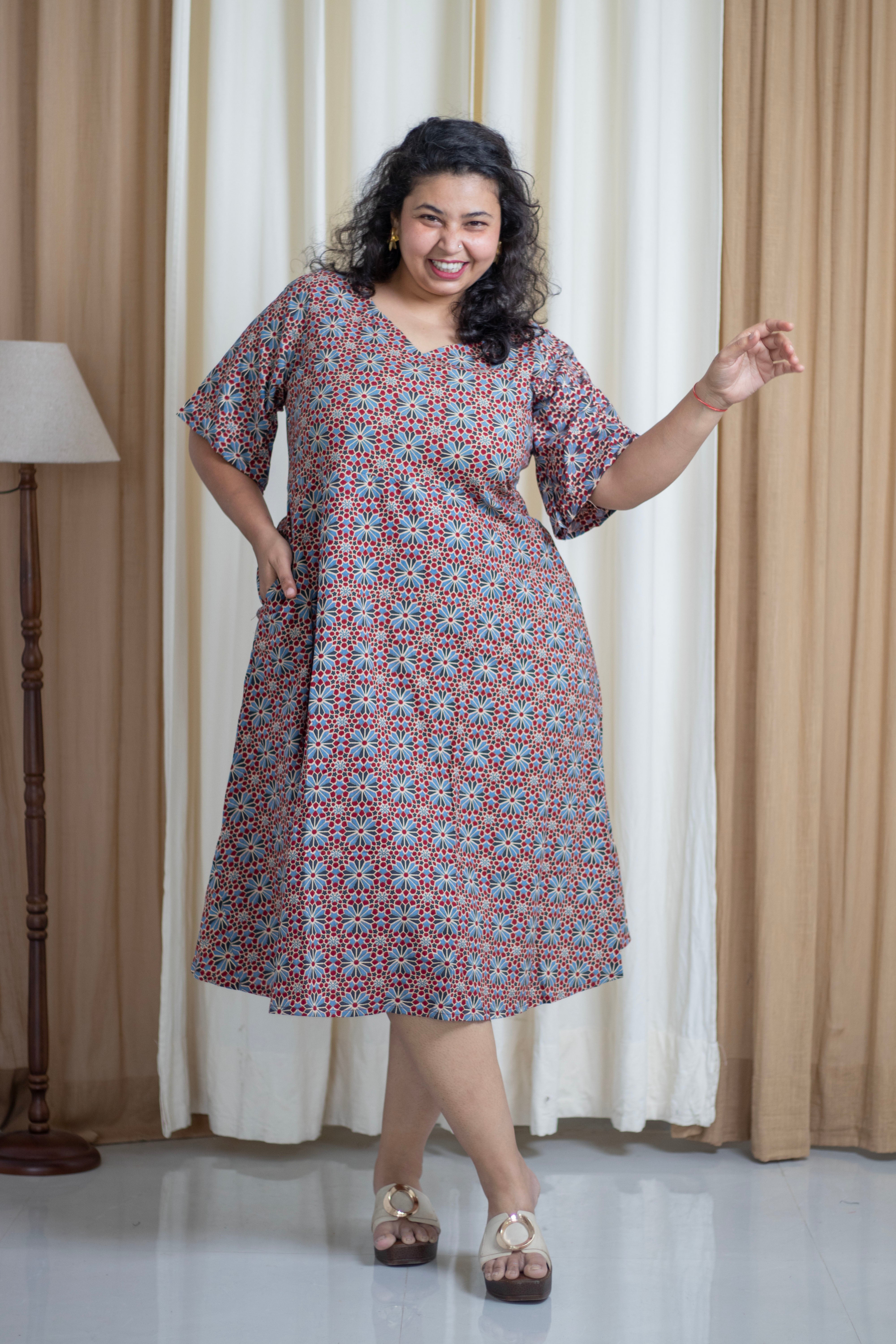 Multicolour_Cotton_Plus_Size_V-Neck_Fit_Flare_Dress_For_Women