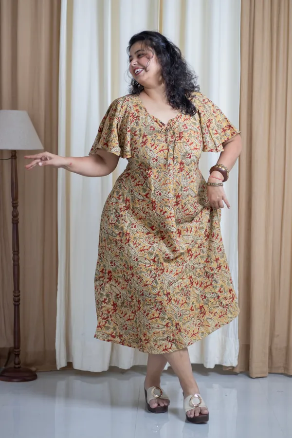 Multicolour_Cotton_Plus_Size_Hand_Block_Kalamkari_Bell_Sleeve_Dress_For_Women