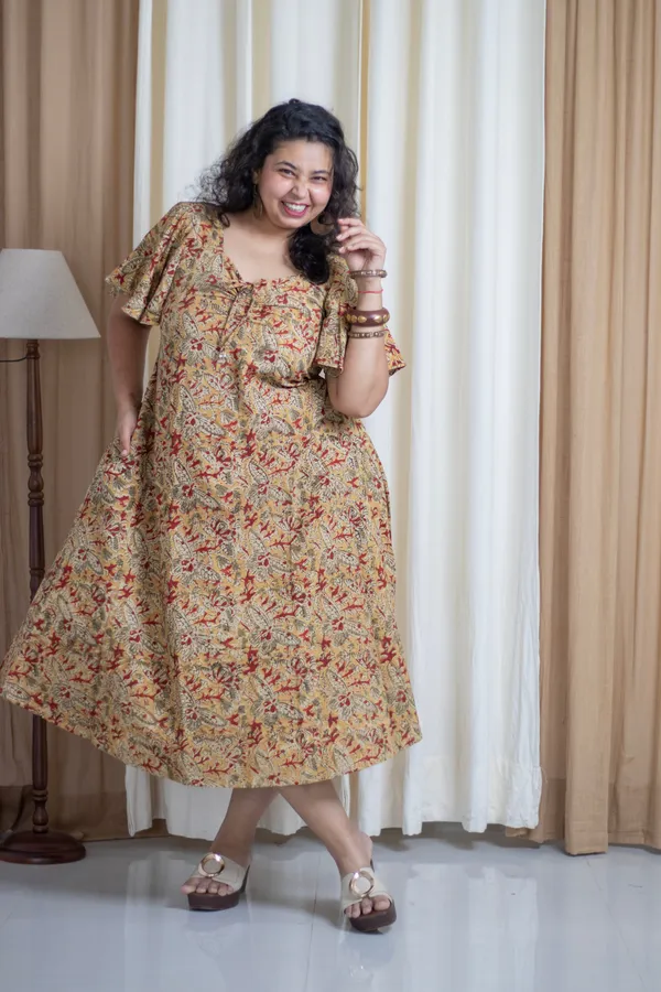 Multicolour_Cotton_Plus_Size_Hand_Block_Kalamkari_Bell_Sleeve_Dress_For_Women