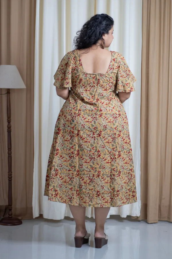 Multicolour_Cotton_Plus_Size_Hand_Block_Kalamkari_Bell_Sleeve_Dress_For_Women