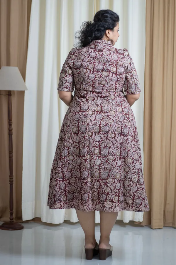 Maroon_Cotton_Plus_Size_Hand_Block_Kalamkari_Half_Collar_Dress_For_Women