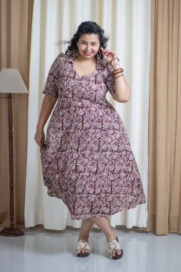 Maroon_Cotton_Plus_Size_Hand_Block_Kalamkari_Half_Collar_Dress_For_Women