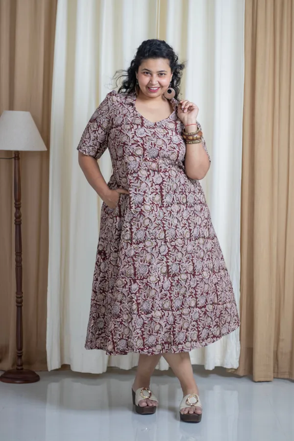 Maroon_Cotton_Plus_Size_Hand_Block_Kalamkari_Half_Collar_Dress_For_Women