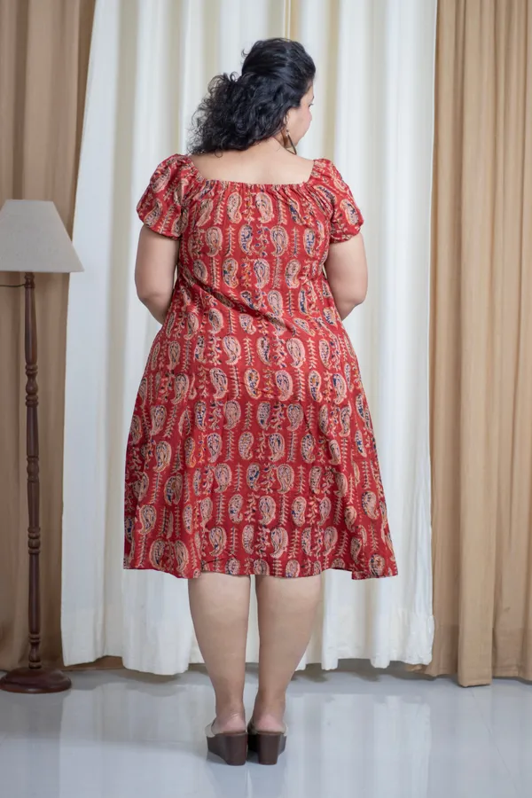 Red_Cotton_Plus_Size_Hand_Block_Kalamkari_Printed_Dress_For_Women