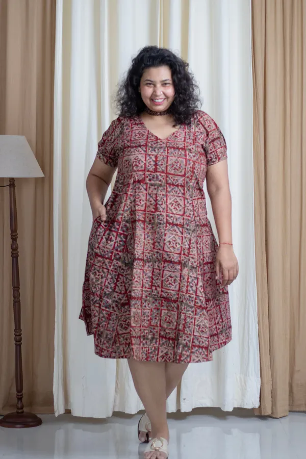 Maroon_Cotton_Plus_Size_Hand_Block_Kalamkari_Printed_Dress_For_Women