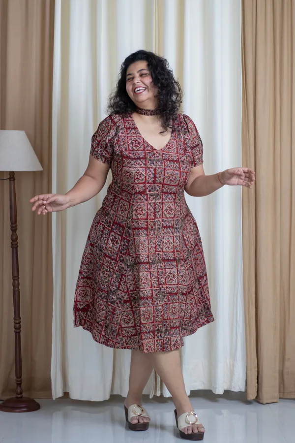 Maroon_Cotton_Plus_Size_Hand_Block_Kalamkari_Printed_Dress_For_Women
