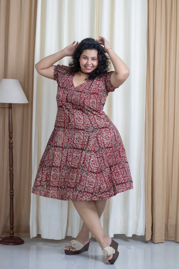 Maroon_Cotton_Plus_Size_Hand_Block_Kalamkari_Printed_Dress_For_Women