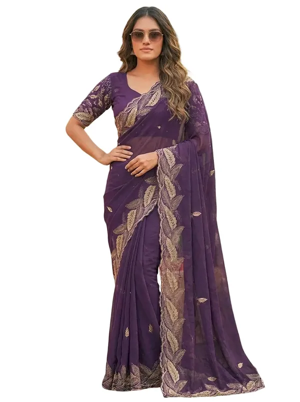 Lavender_Star_Georgette_Temple_Border_Saree_For_Women